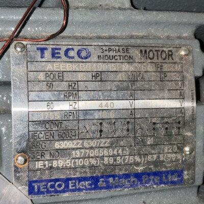 TECO 3-Phase Induction Motor – 15 HP, 1755 RPM, 440V, 60 Hz
